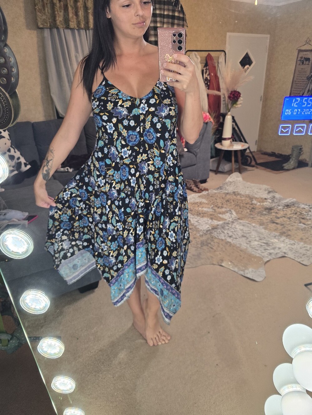 Gant Black Floral Midi Dress with Blue Border